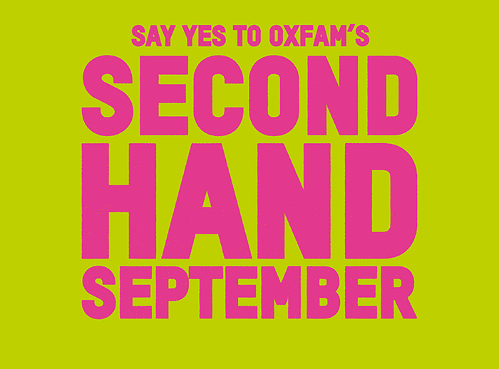 second hand september pink text on green background