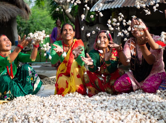 Members of a women’s group celebrate the success of their garlic project. 