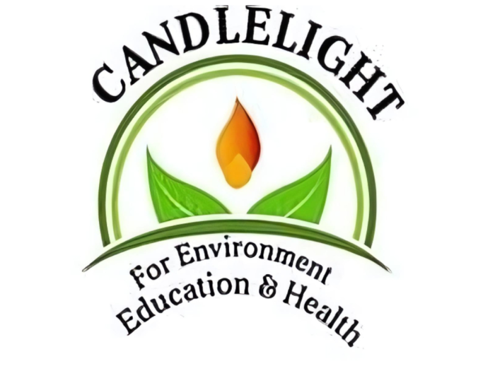 Candlelight Logo. The logo has a candlelight between 2 leaves. Under the logo it reads "For Environment Education & Health"