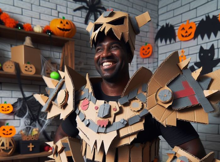 Man wearing a DIY Halloween costume made of card box. AI Generated.