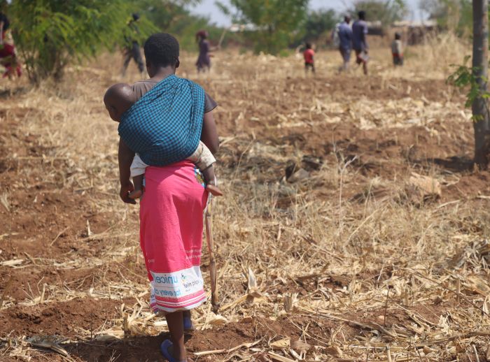 Woman walking through the dry field in Malawi while carrying her baby wrapped on her back.