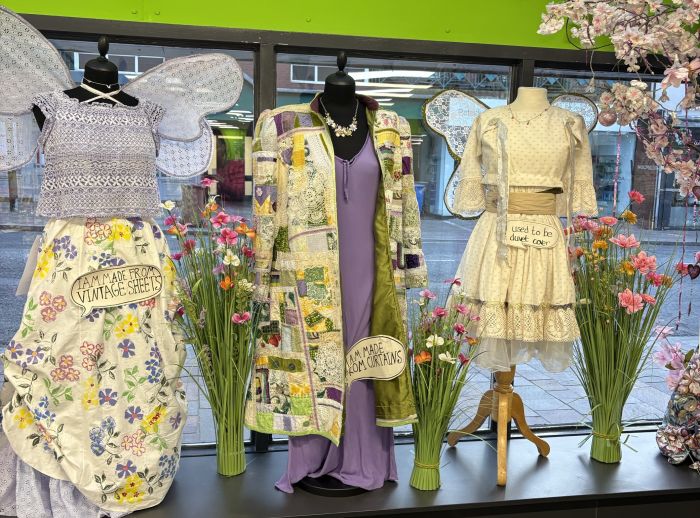 3 outfit from the Spring Collection exhibition at the Holywood superstore. The exhibition combines carefully selected secondhand finds with handmade pieces crafted from textiles reclaimed from the Oxfam rag pile.