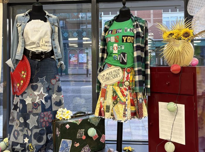 2 outfit from the Summer Collection exhibition at the Holywood superstore. The exhibition combines carefully selected secondhand finds with handmade pieces crafted from textiles reclaimed from the Oxfam rag pile.