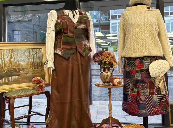 2 outfit from the Autumn Collection exhibition at the Holywood superstore. The exhibition combines carefully selected secondhand finds with handmade pieces crafted from textiles reclaimed from the Oxfam rag pile.
