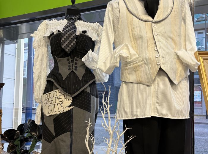2 outfit from the Winter Collection exhibition at the Holywood superstore. The exhibition combines carefully selected secondhand finds with handmade pieces crafted from textiles reclaimed from the Oxfam rag pile.