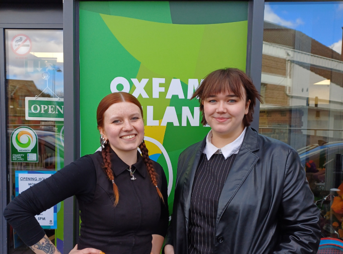 Rosie and Patrycja in Front of our Oxfam Shop