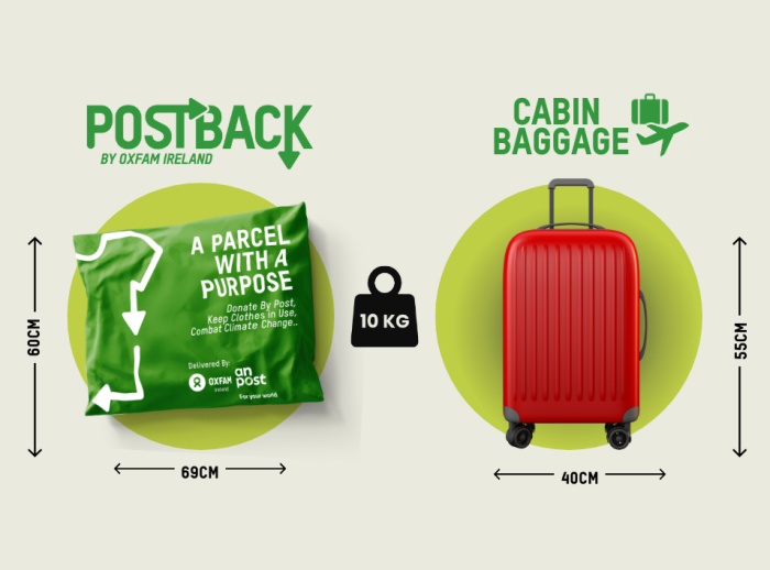 Postback bag sizing, comparing to a cabin baggage. The Postback bag are bigger than popular airline cabin bag size.