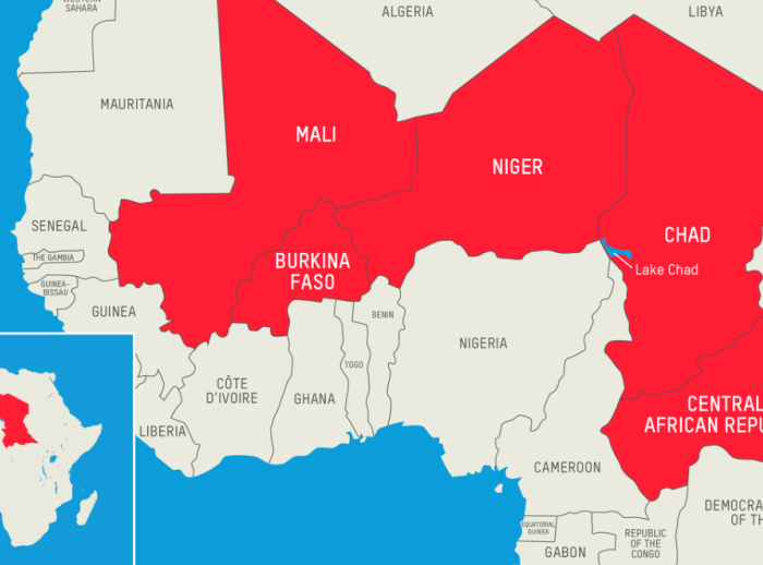 Map showing Burkina Faso, Mali, Niger, Chad, Central Africa Republic
