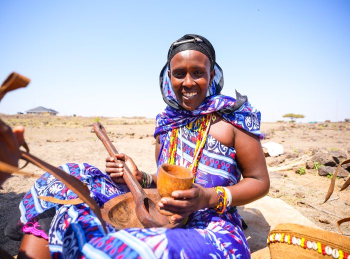 Gumato Bagajo, Chairlady of the Segel Machesa Self-help Group poses for a photo at her home in Marsabit County, Kenya