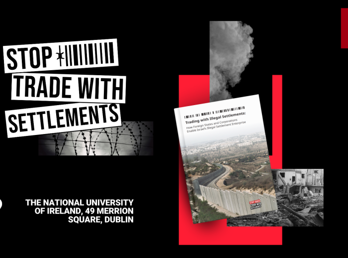 Black, white and red text saying 'Stop Trade With Settlements' in block capitals
