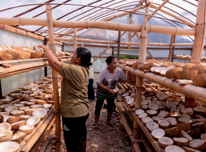 Mama Lucia and Mama Agnes arranging the coconuts in the solar dryer house