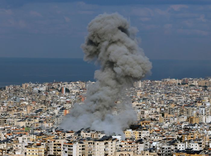 Smoke billows following an Israeli airstrike on Dahieh, a predominantly Shia Muslim suburb in the south of Beirut, Lebanon