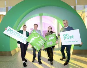 Official PostBack photocall. On the Picture from left to right: Marketing  Communications Manager at An Post, Ruth Gill, Trevor Anderson, Director of Trading at Oxfam Ireland, Oxfam Ireland’s Deputy Shop Manager in Ringsend, Patrycja Pawela, and Garrett Bridgeman, Managing Director, Mail and Parcels Division at An Post. 