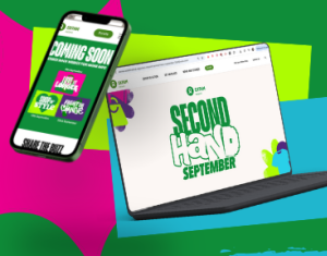Banner for Second Hand September, showing SHS webpage on a phone and laptop
