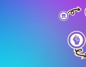 Colorful gradient background with circular icons connected by arrows, representing communication, advocacy, and user interaction.