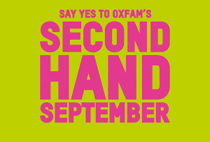 second hand september pink text on green background