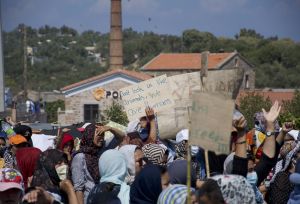 Moria refugees sleeping rough in Lesbos, Greece.