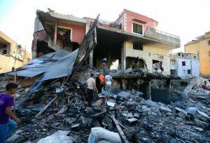 Picture of a damaged house and rubbles left after an attack in Lebanon 