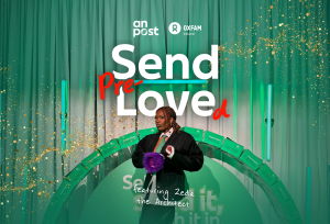 Stylist Zeda the Architect stands in front of a green background with 'send Pre-Loved' writing.