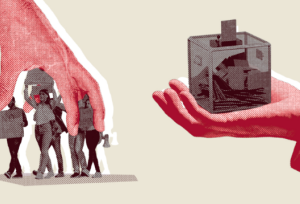 Illustrated hand clamping down on protestors