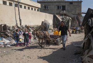 Ahmed taking his donkey out to find water