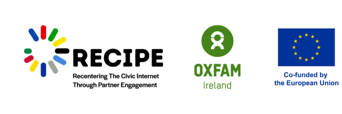 ReCIPE logo, Oxfam Ireland logo, and an emblem of the EU flag with text reading: co-funded by the European Union.