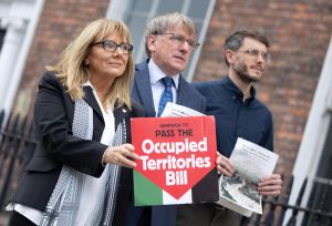 Senator Frances Black, Jim Clarken - Oxfam Ireland, Conor O'Neill - Chirstian Aid, at the launch of the "Stop trade with Settlements" report.