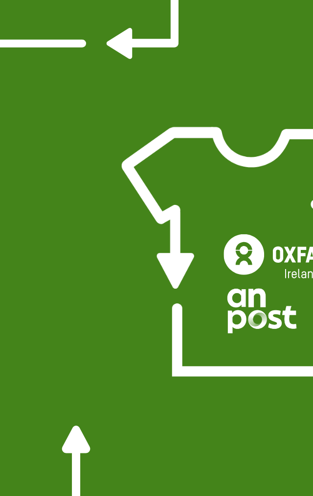 An Post and Oxfam Logo with white arrow lines forming a t-shirt