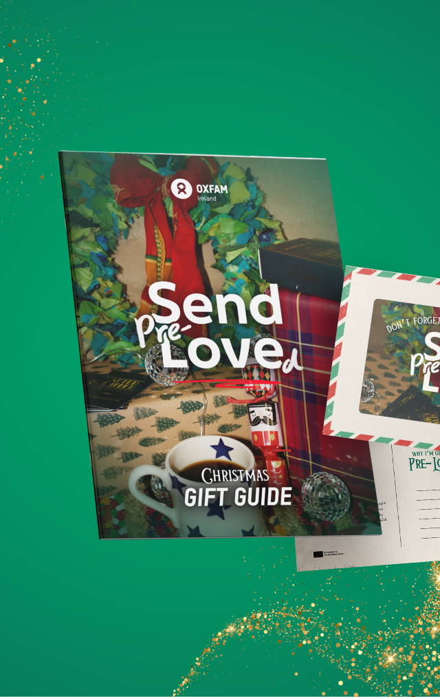 Oxfam Ireland Gift Guide and "send PreLoved" postcard on a green festive background.