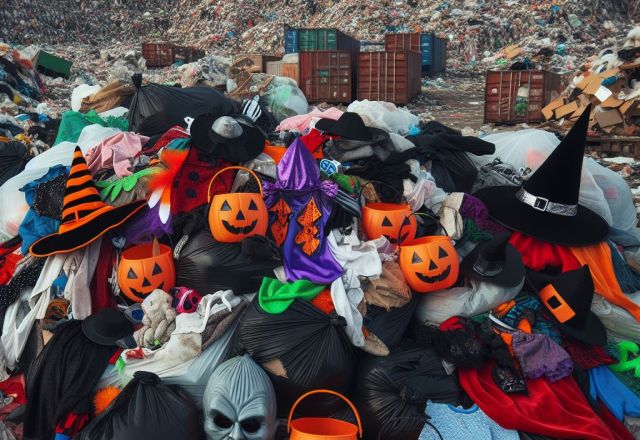 Image of Halloween outfits and accessories piled up in a landfill - AI Gennerated