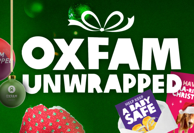 Oxfam Unwrapped log on a dark green background and Christmassy visuals including our cards.
