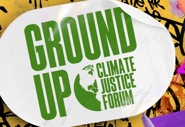 Ground Up Climate Justice Forum on a sticker with a graffiti background. Happening from the 11th to the 12th of April, Sign Up Now