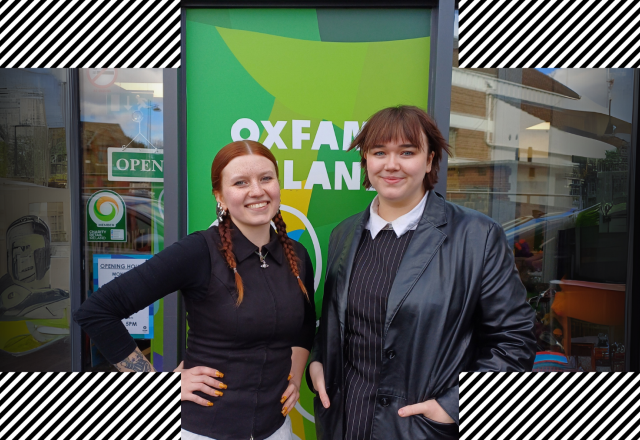 Rosie and Patrycja in Front of our Oxfam Shop