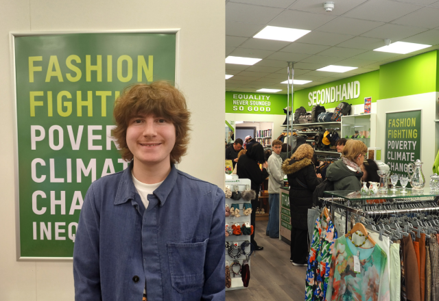 Marius, Volunteer from Norway standing in an Oxfam shop