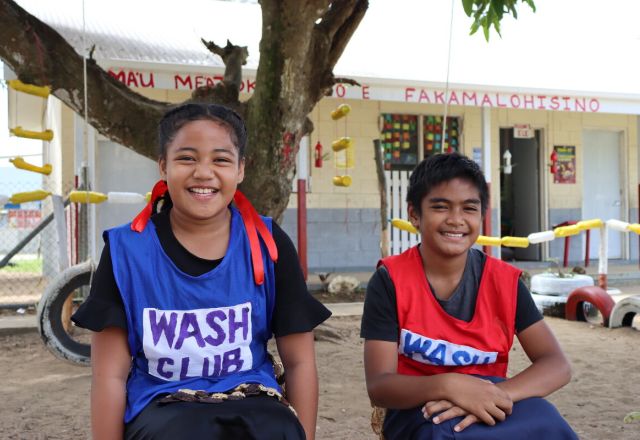 Nine year old Christopher and Nanise, are members of the WASH club at Pangai Primary School on remote Ha'apai island in Tonga.