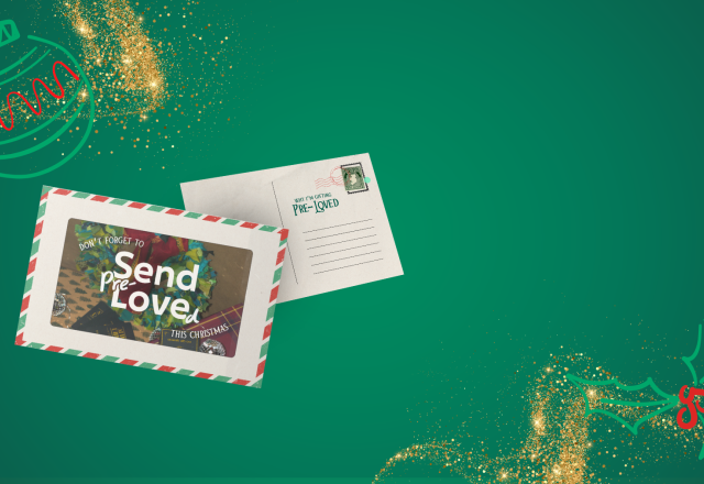 Christmas background with a Send Pre-Loved postcard
