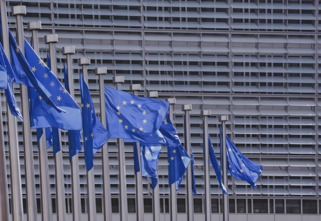 European Commission building with European flags in a row