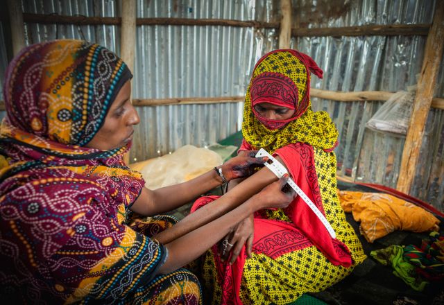 Zahara Kalayta Omar, 22 (dressed in purple and orange outfit) is a health extension worker trained by the Afar Pastoralist Development Association. She is demonstrating how to measure the mid-upper arm circumference (MUAC) on her neighbor Fatuma Adagere Mohamed, at Fatuma’s home in Guhom.