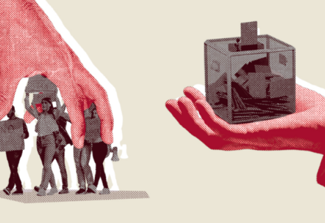 Illustrated hand clamping down on protestors