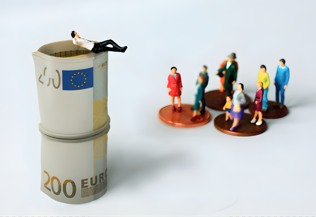 Representation of super rich sitting on roll of €200 bills will the rest of the people have pennies.