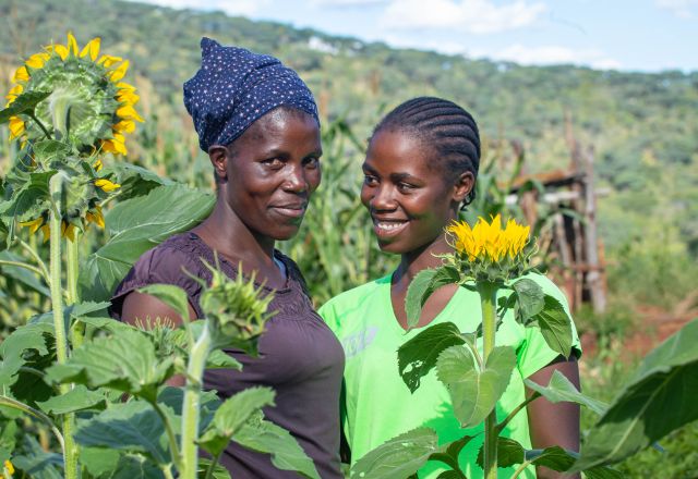Two women stand in a field of sunflowers. One wears a dark top, the other wears a green top and is smiling
