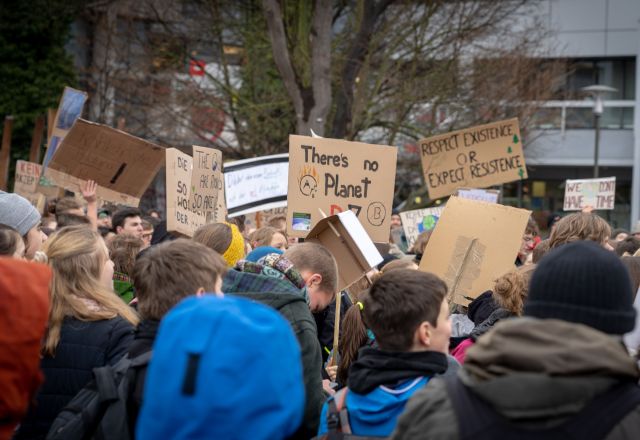 Cardboard signs at a climate march.