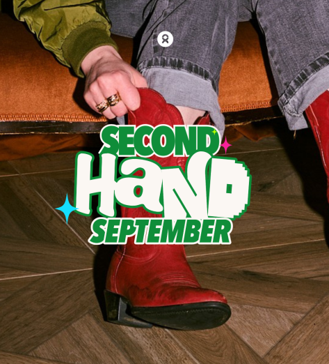 Woman putting second hand red boots on with the second hand september logo overlayed