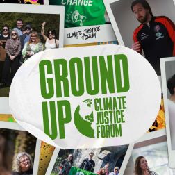 Ground Up Climate Justice Forum Sticker surrounded by polaroids of photos from the forum