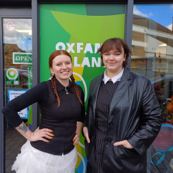Rosie and Patrycja in Front of our Oxfam Shop