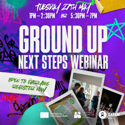 Ground-up Next Steps webinar promotional visual. Online event on the 27th of May at 1pm & 5.30pm