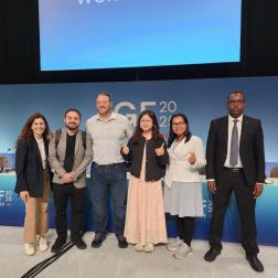 Photo of ReCIPE consortium members at ReCIPE's session for the Global IGF. From left to right: Mia Marzotto - ReCIPE PMU, Cristian León Coronado - Fundación InternetBolivia.org, Daniel Pasquini - ReCIPE PMU, Tran Thi Tuyet - IPS, Theary Luy - CCC, Mohamed Aded Ali - SONSA.