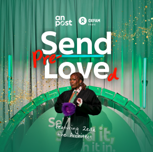 Stylist Zeda the Architect stands in front of a green background with 'send Pre-Loved' writing.