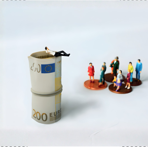Representation of super rich sitting on roll of €200 bills will the rest of the people have pennies.