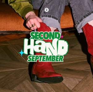 Woman putting second hand red boots on with the second hand september logo overlayed